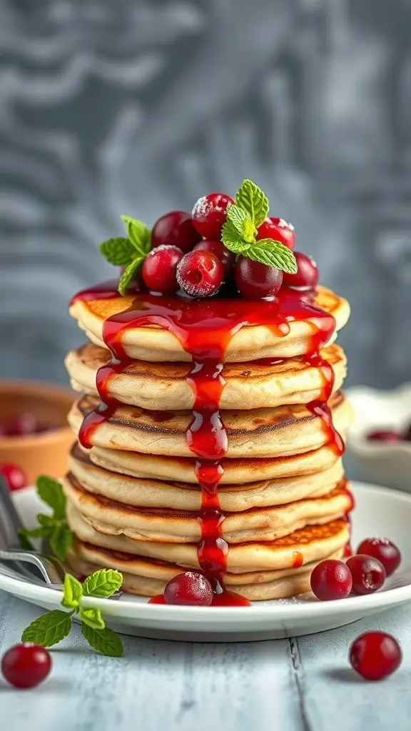 A stack of fluffy pancakes topped with cranberry syrup and fresh cranberries, garnished with mint leaves.