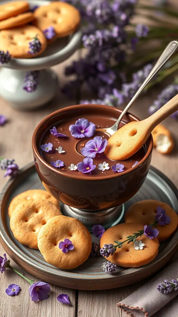 A bowl of lavender chocolate fondue surrounded by cookies and lavender flowers.