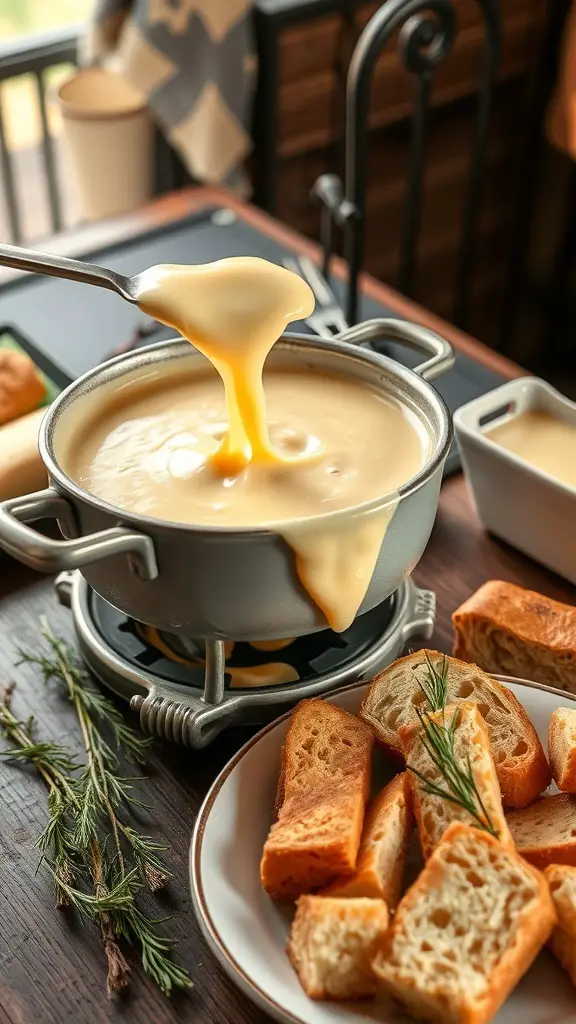 A pot of creamy cheese fondue with bread pieces for dipping