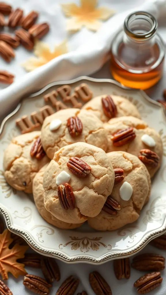 A plate of Maple Pecan Sandies cookies with pecans and maple syrup
