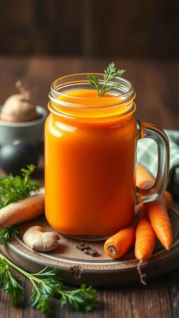 A jar of vibrant orange carrot ginger juice surrounded by fresh carrots and ginger on a wooden table.