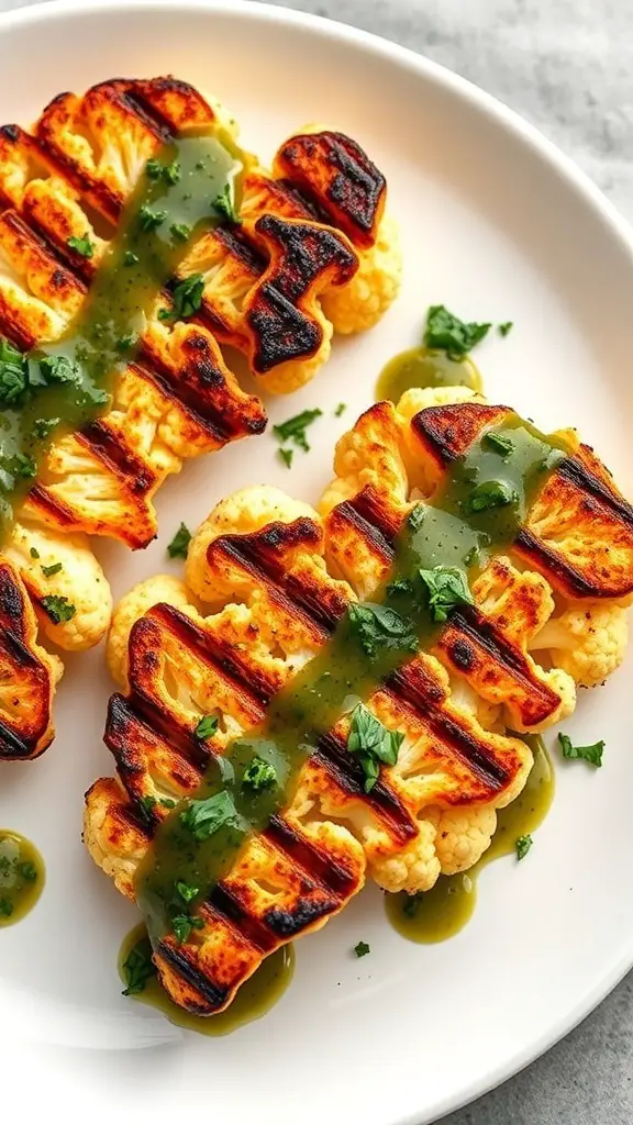 Grilled cauliflower steaks topped with chimichurri sauce