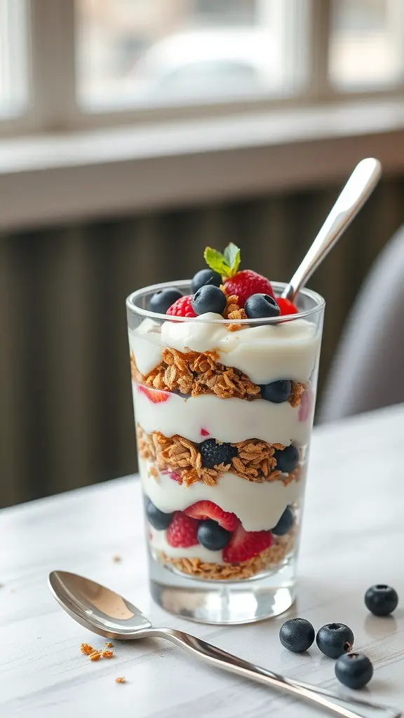 A delicious Greek Yogurt Parfait with layers of yogurt, granola, and fresh berries.