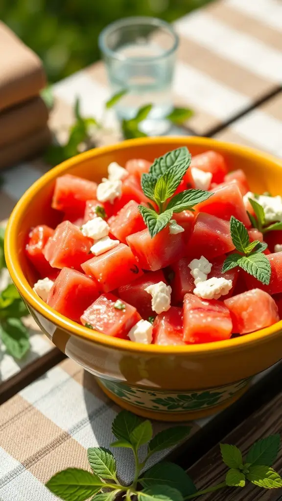 A bowl of watermelon salad with mint and cheese on a picnic table.