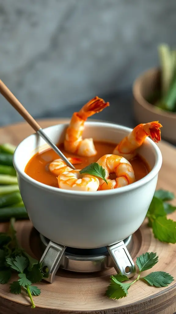 A bowl of Thai peanut sauce fondue with shrimp and fresh vegetables for dipping.