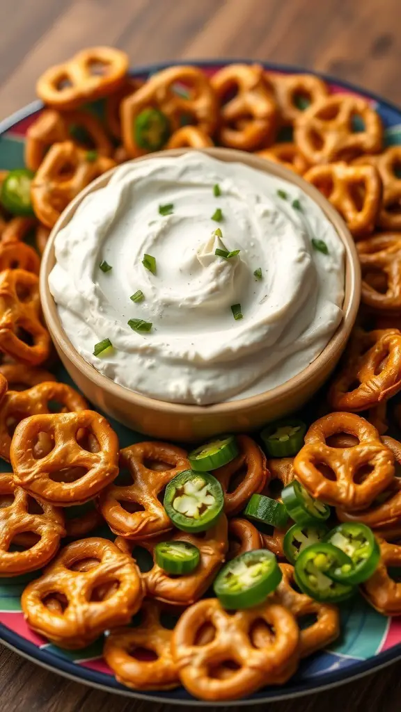 A bowl of creamy jalapeño dip surrounded by pretzels and sliced jalapeños.