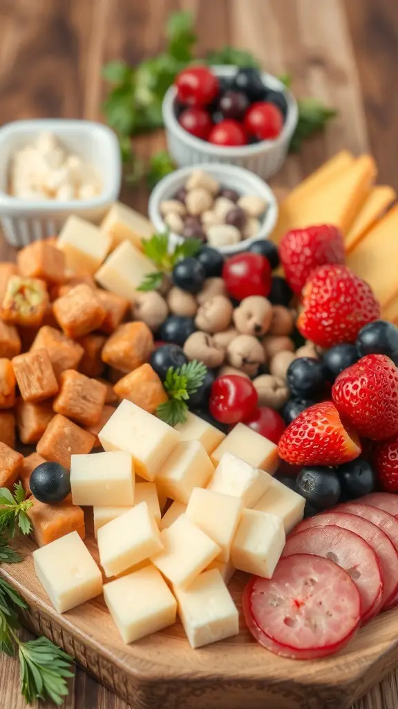 A colorful charcuterie board with cheese, fruits, and snacks, perfect for family gatherings.