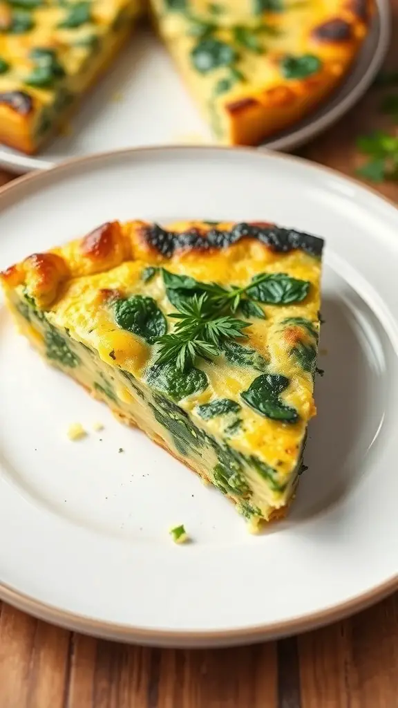 A slice of spaghetti squash and spinach frittata garnished with fresh herbs on a plate.