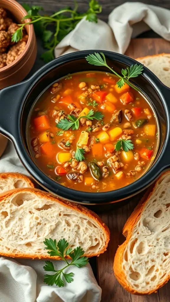 A bowl of vegetable lentil soup with colorful vegetables and slices of bread on the side.