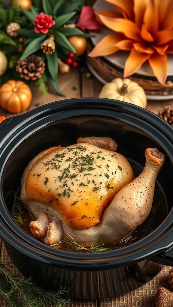 A cooked turkey breast in a crock pot, surrounded by autumn decorations.