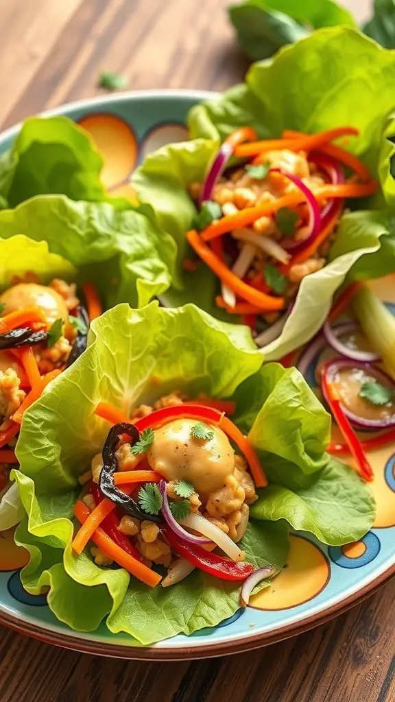 A plate of Thai Peanut Lettuce Wraps filled with colorful vegetables and drizzled with peanut sauce.