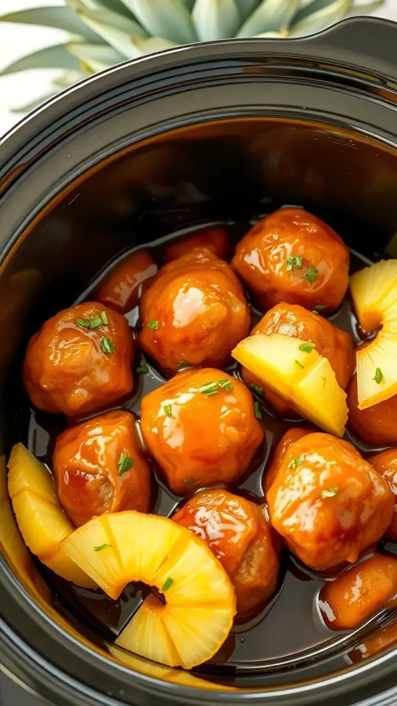 A slow cooker filled with pineapple teriyaki meatballs and pineapple slices.