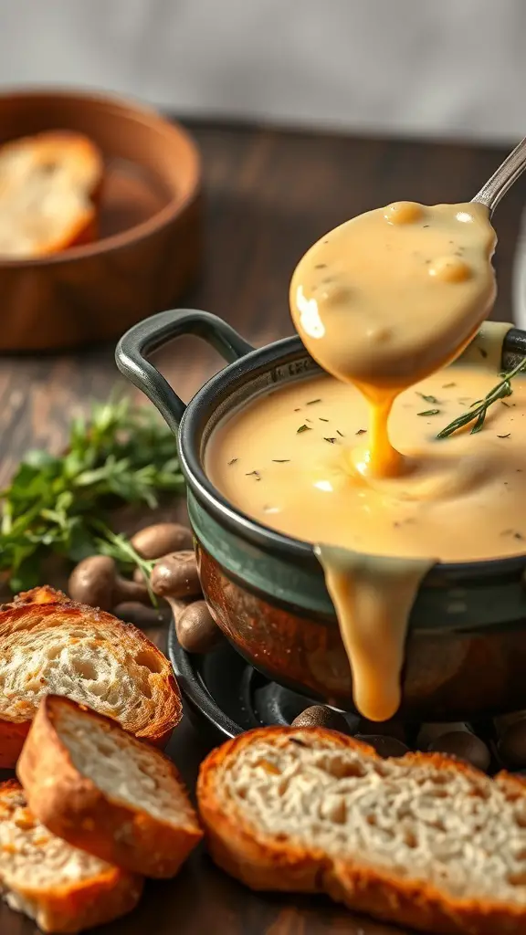 A pot of mushroom and Gruyère fondue with bread slices on the side.