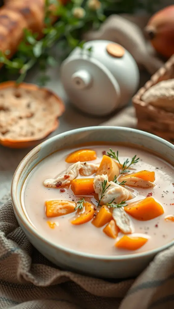 A bowl of Chicken and Sweet Potato Soup with chunks of sweet potato and chicken, garnished with herbs.