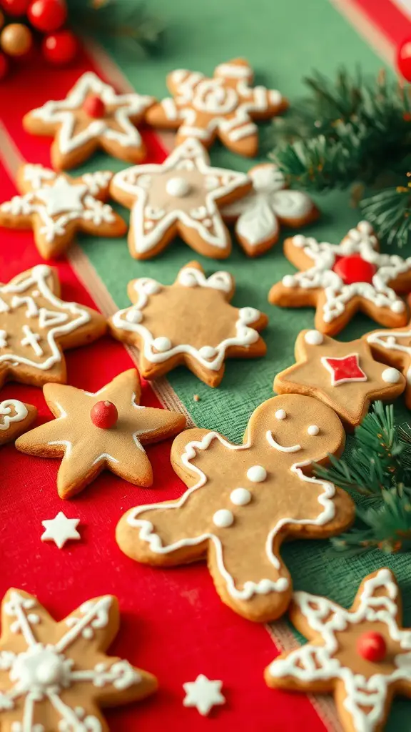Decorated gingerbread cookies in various shapes on a festive table