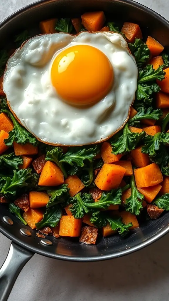 A skillet filled with sweet potato cubes, kale, and a fried egg on top.
