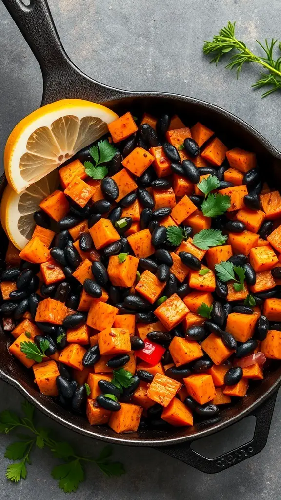 A skillet filled with sweet potato hash featuring black beans, garnished with lemon slices and fresh herbs.