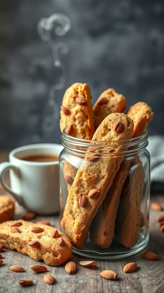 A jar of crispy almond biscotti with a cup of coffee, surrounded by almonds.