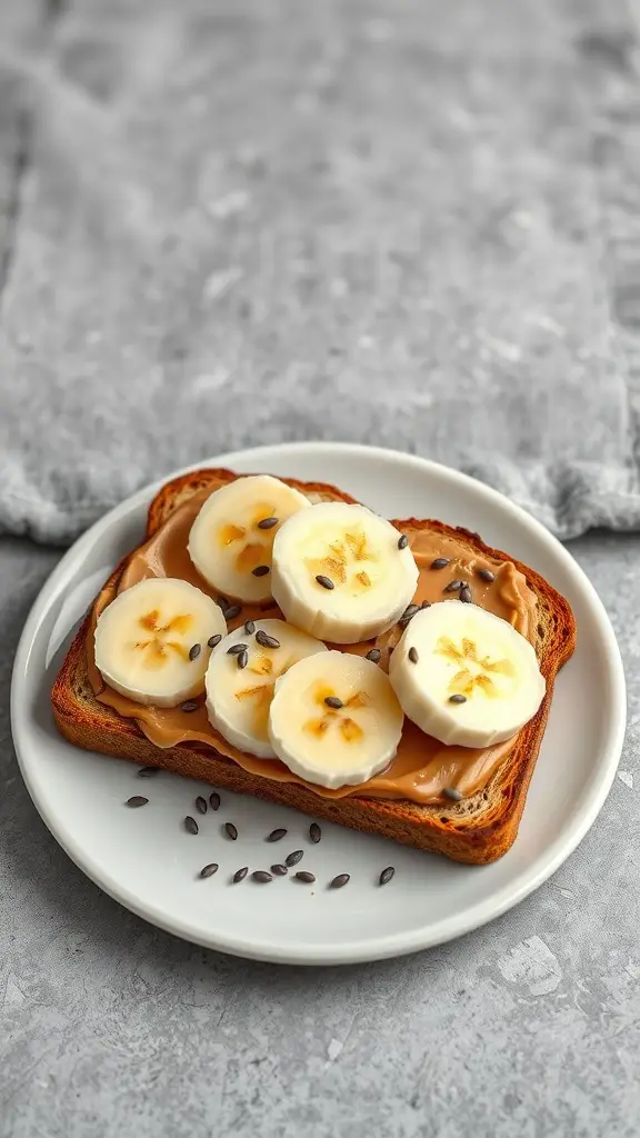 A slice of toast topped with peanut butter and banana slices, garnished with flaxseeds.