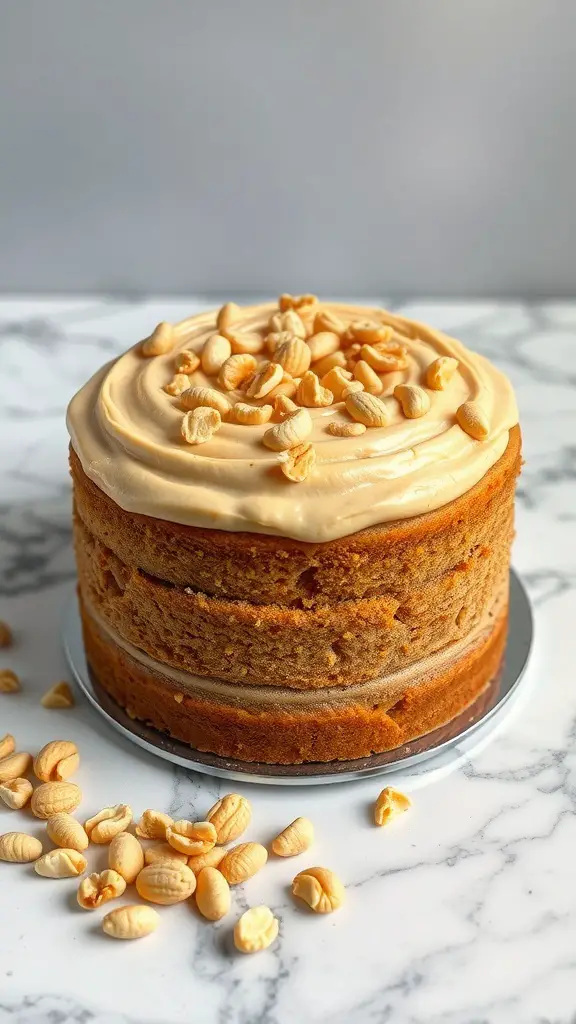 A layered peanut butter cake topped with peanut butter frosting and peanuts on a marble surface.