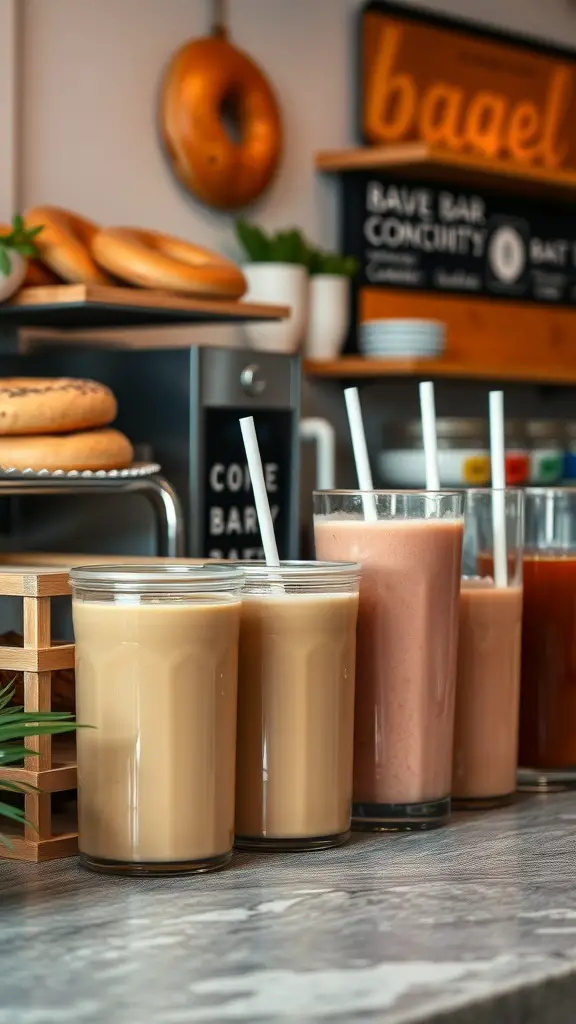 A variety of beverages displayed at a bagel bar, including iced coffee and smoothies.