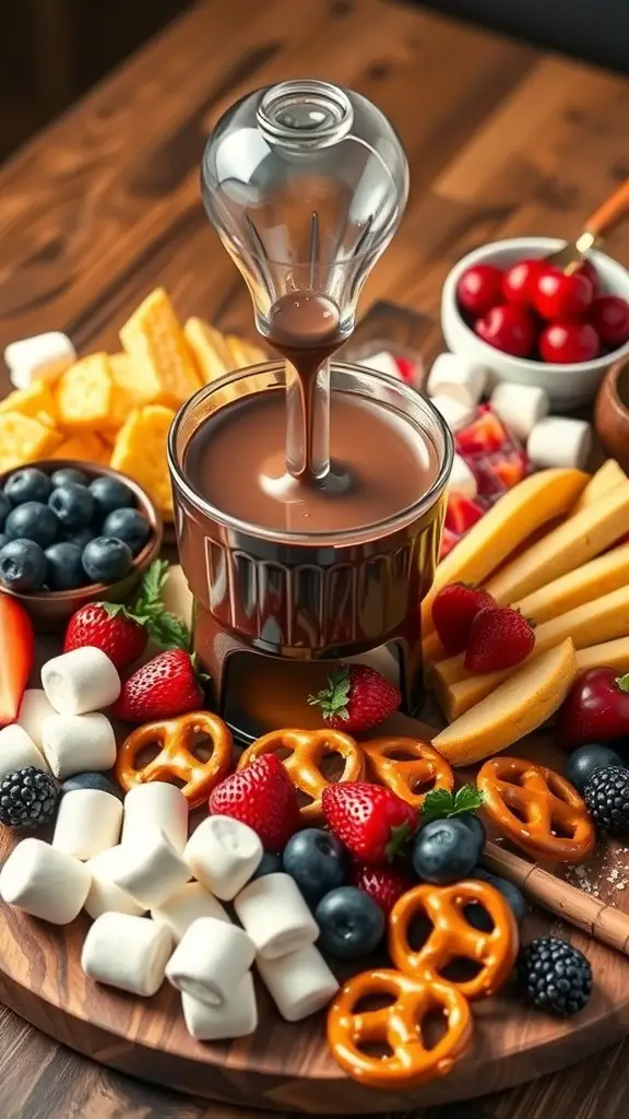 A chocolate fondue station with melted chocolate and various dippables like fruits, pretzels, and marshmallows.