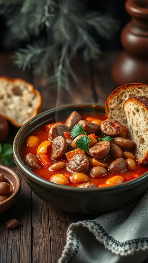 A bowl of spicy sausage and bean stew with crusty bread on the side.
