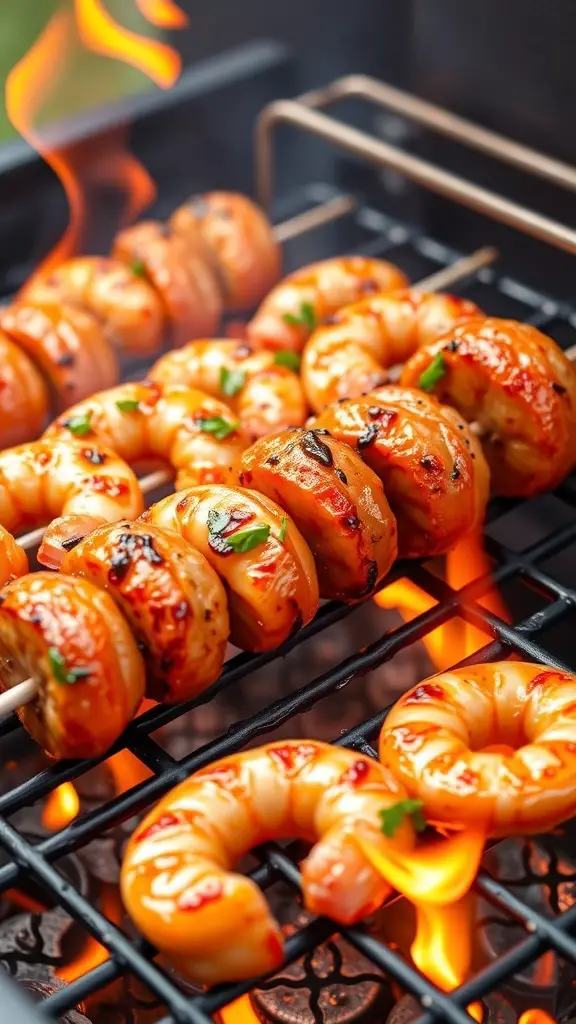Grilled shrimp and sausage skewers on a barbecue grill