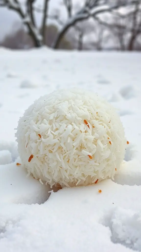 A snowball made of shredded coconut in a snowy landscape