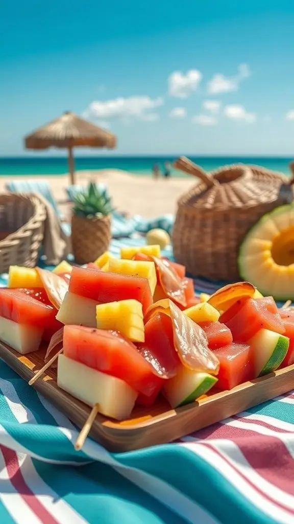 A platter of tropical fruit and prosciutto skewers on a beach setting.