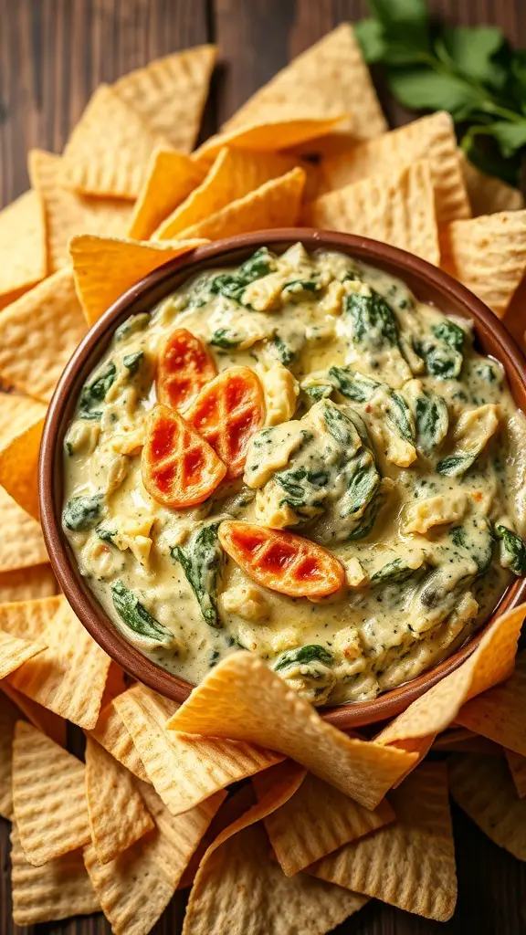 A bowl of spinach and artichoke dip surrounded by tortilla chips.
