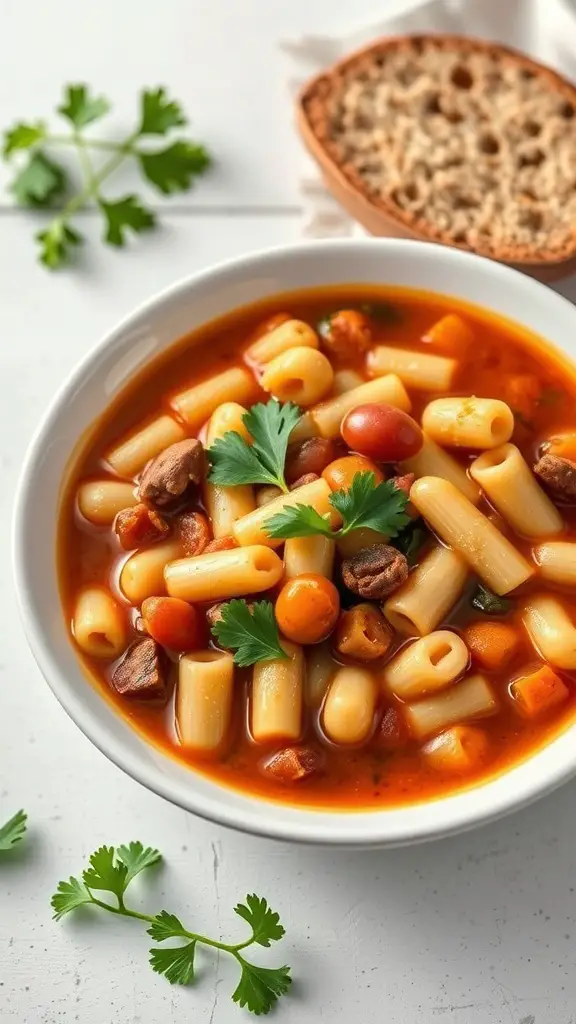 A bowl of Pasta e Fagioli soup with pasta, beans, and cilantro, accompanied by a slice of bread.