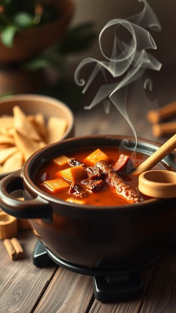 A steaming pot of smoky chipotle fondue broth with cubes of cheese and fresh herbs.