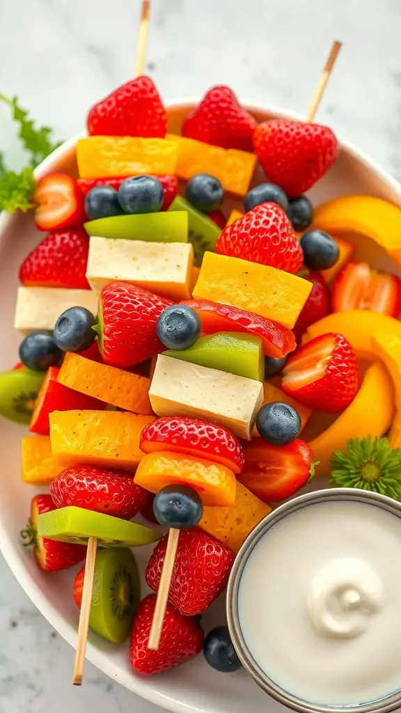 Colorful fruit skewers with honey yogurt dip