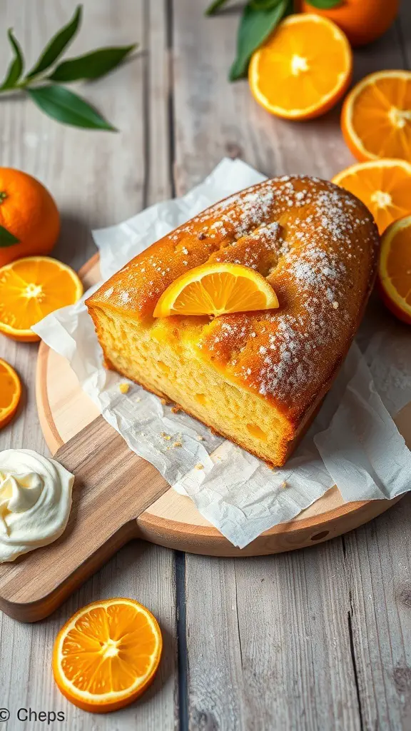 A slice of orange olive oil cake on a wooden board, surrounded by fresh orange slices and a dollop of cream.