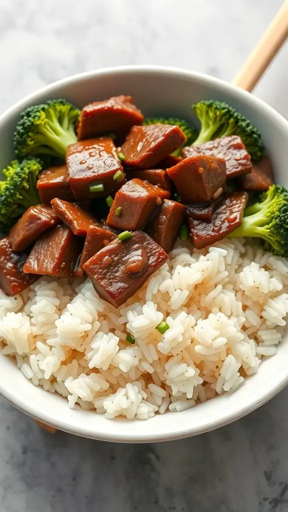 A bowl of teriyaki beef and broccoli served over rice.