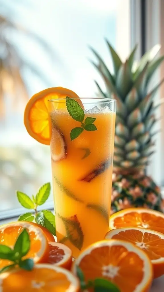 A refreshing Tropical Citrus Sunrise drink with orange slices and mint leaves, surrounded by fresh oranges and a pineapple.