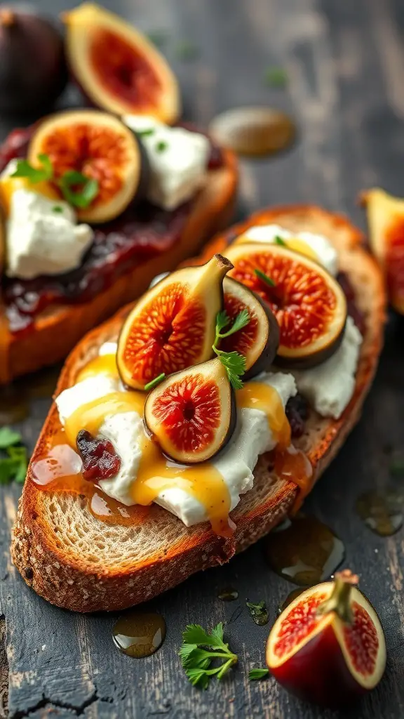 Bruschetta topped with figs and goat cheese on toasted bread