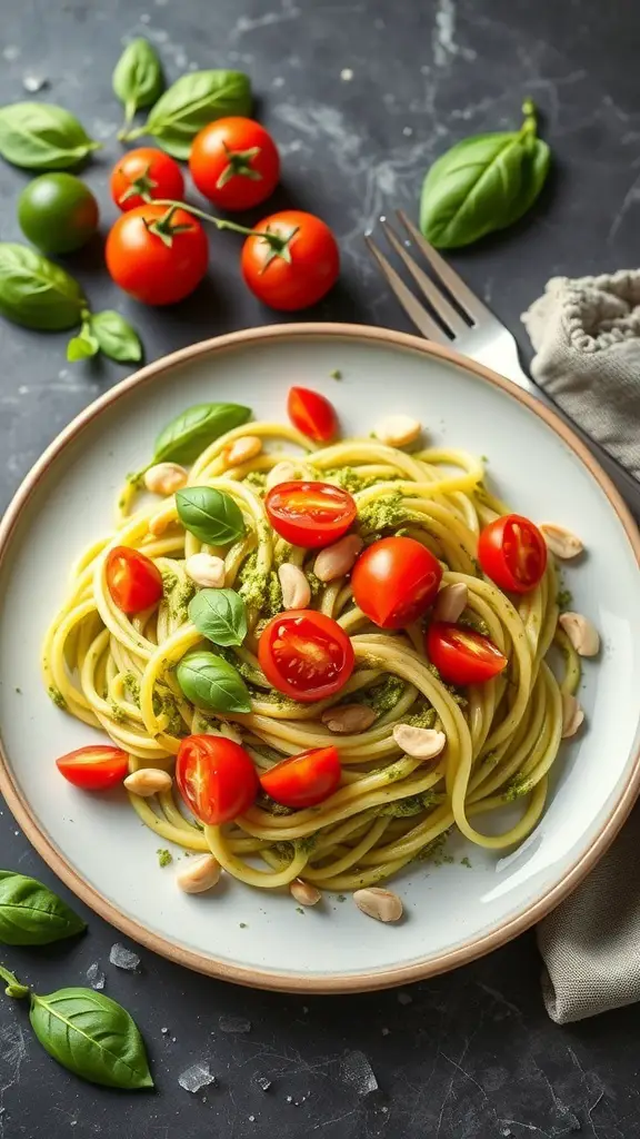 A plate of zucchini noodles with pesto, cherry tomatoes, and basil leaves.