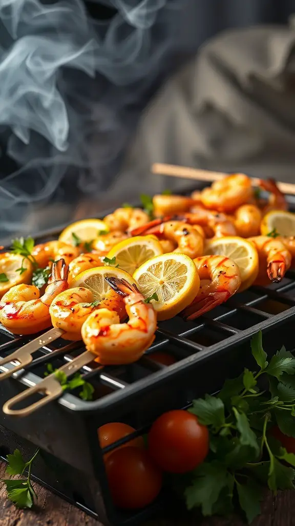 Grilled lemon garlic shrimp skewers with fresh herbs and tomatoes