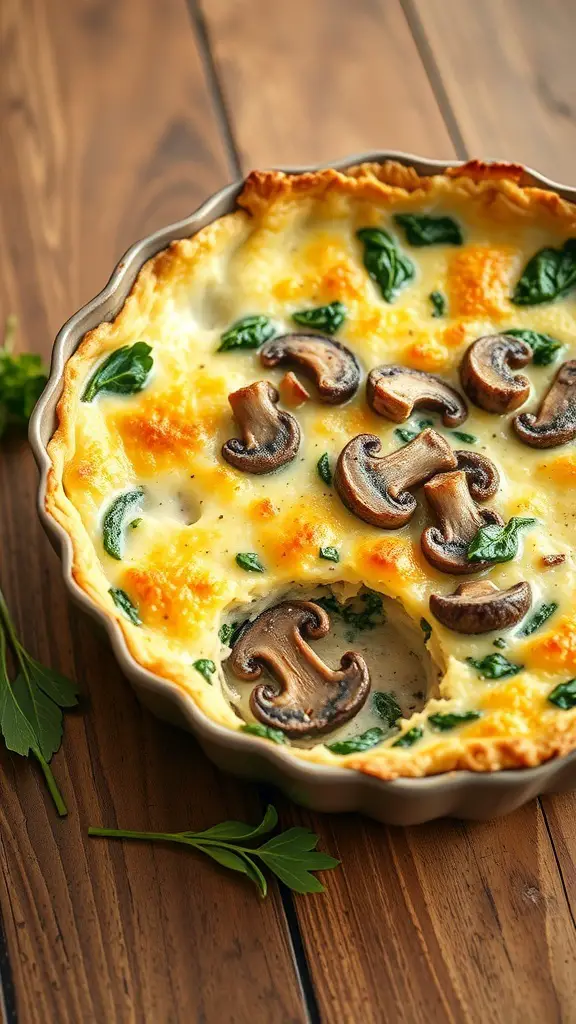 A creamy mushroom and spinach bake in a round dish, topped with golden cheese and fresh mushrooms, on a wooden table.