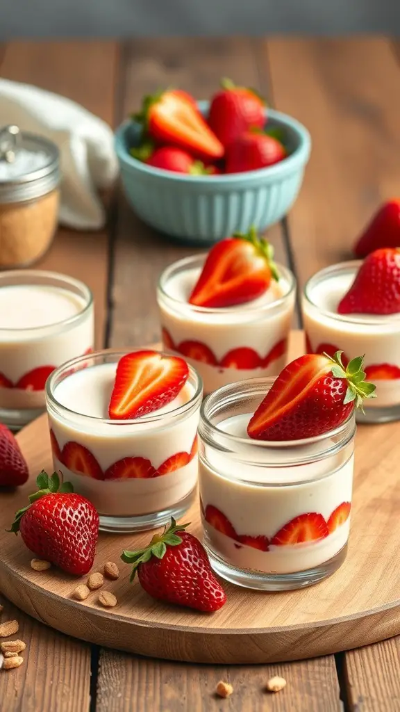 No-bake strawberry cheesecake cups in jars with fresh strawberries on top