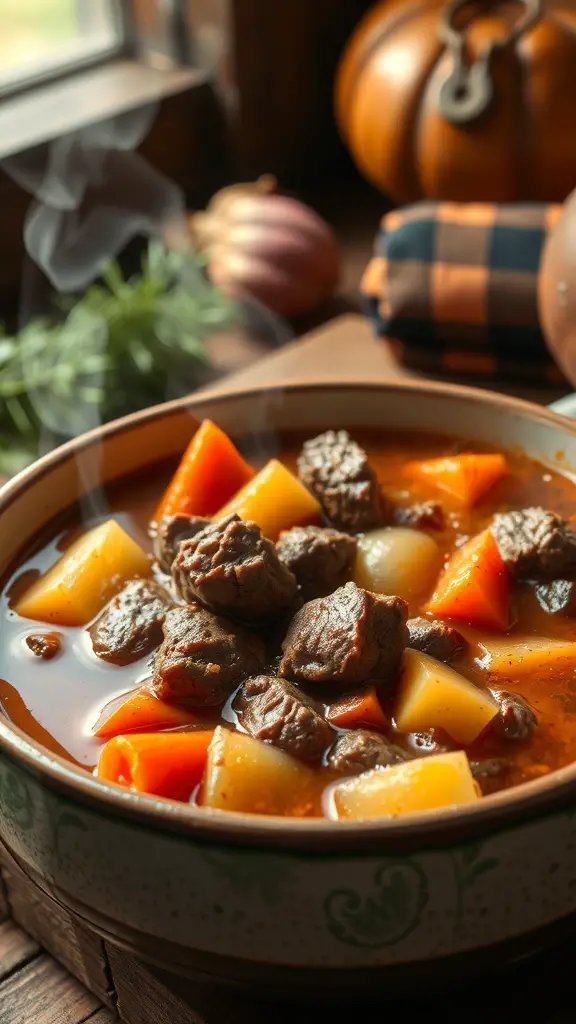 A bowl of hearty beef stew with root vegetables, steaming and ready to eat.