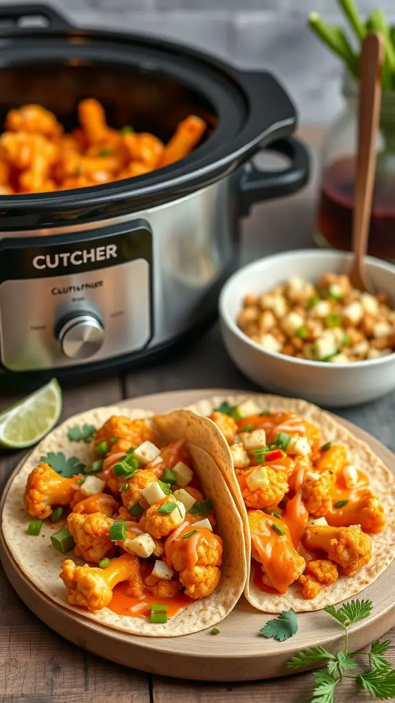 Buffalo cauliflower tacos with toppings on a wooden plate next to a slow cooker.