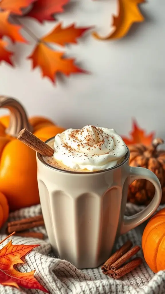 A warm Pumpkin Spice Latte topped with whipped cream and cinnamon, surrounded by autumn leaves and pumpkins.