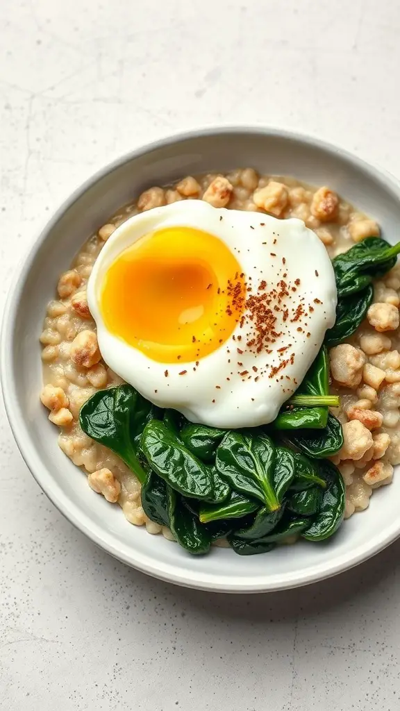 A bowl of savory oatmeal topped with spinach and a poached egg.