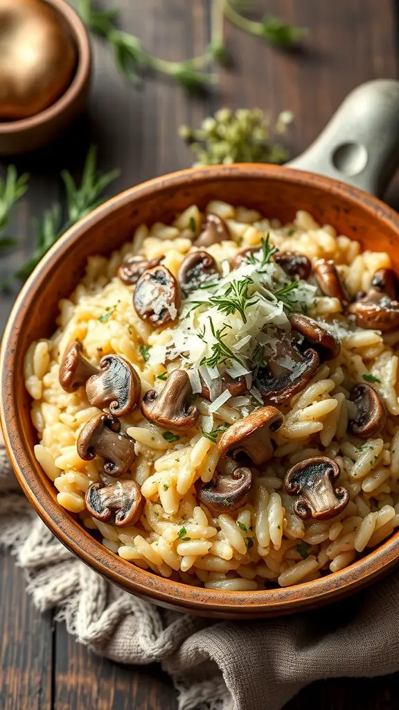 A bowl of creamy mushroom risotto topped with fresh herbs and mushrooms.