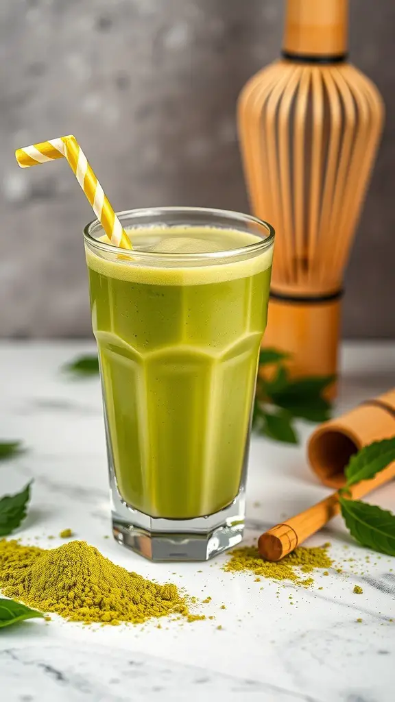 A refreshing Matcha Green Tea Smoothie in a glass with a yellow straw, surrounded by matcha powder and bamboo whisk.
