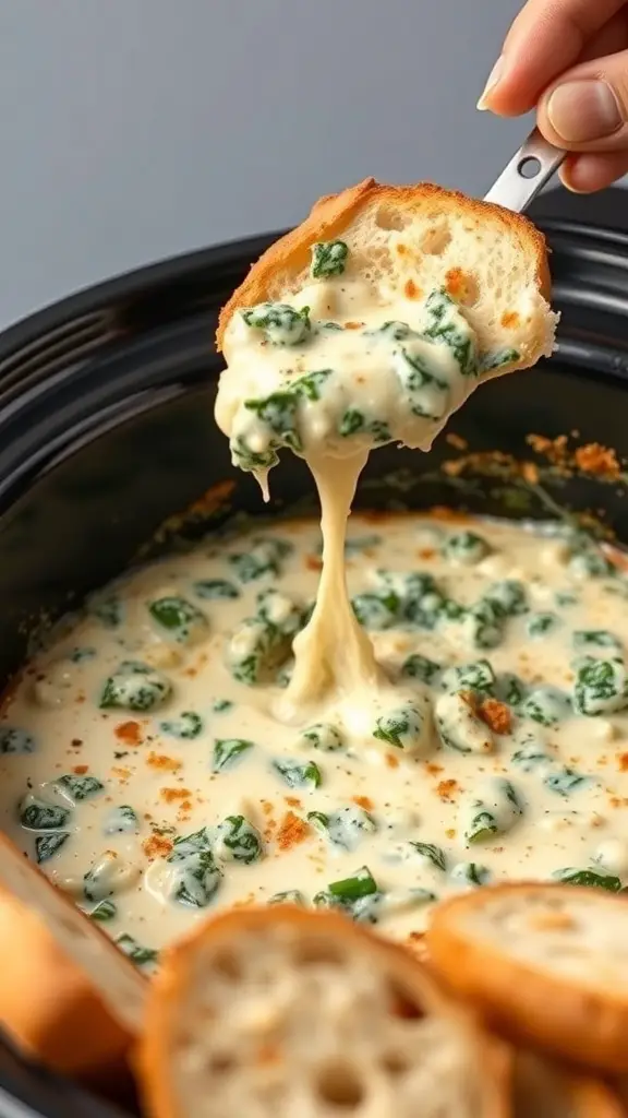 A hand holding a piece of toasted bread dipped in cheesy spinach artichoke dip from a crockpot.