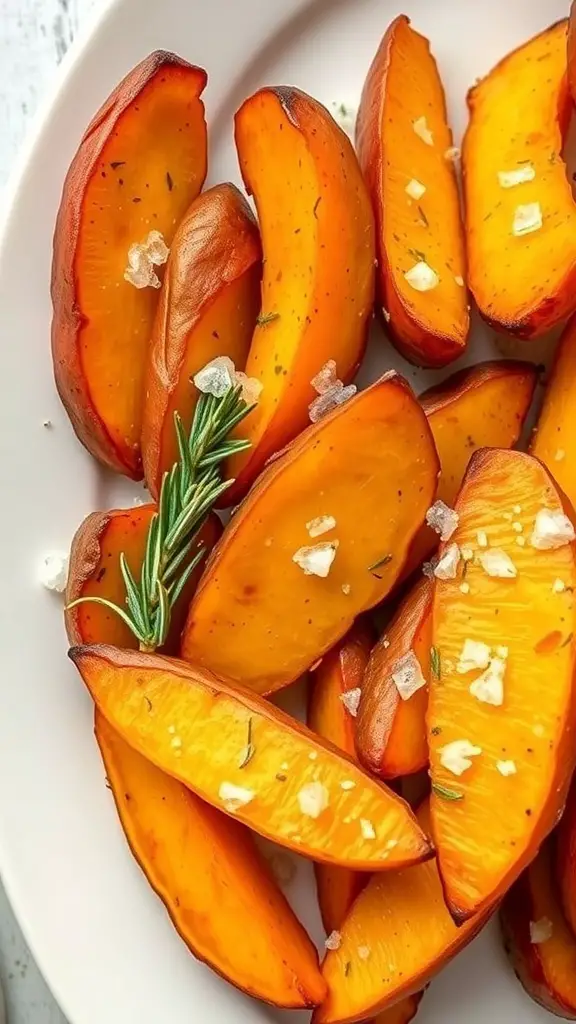Plate of sweet potato wedges seasoned with rosemary and salt